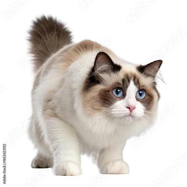 Fototapeta A fluffy ragdoll cat with striking blue eyes crouches low looking intently to the side isolated on transparent background