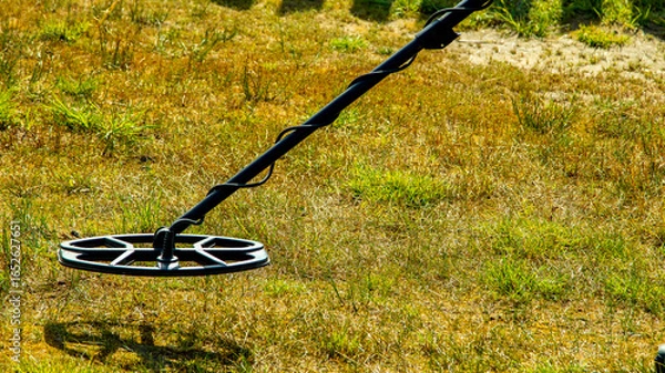 Fototapeta a man walks through a field with a metal detector