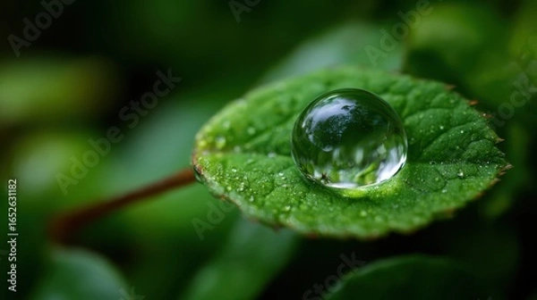 Fototapeta Macro close-up of large round water droplet balanced delicately on a fresh green leaf, magnifying its texture.