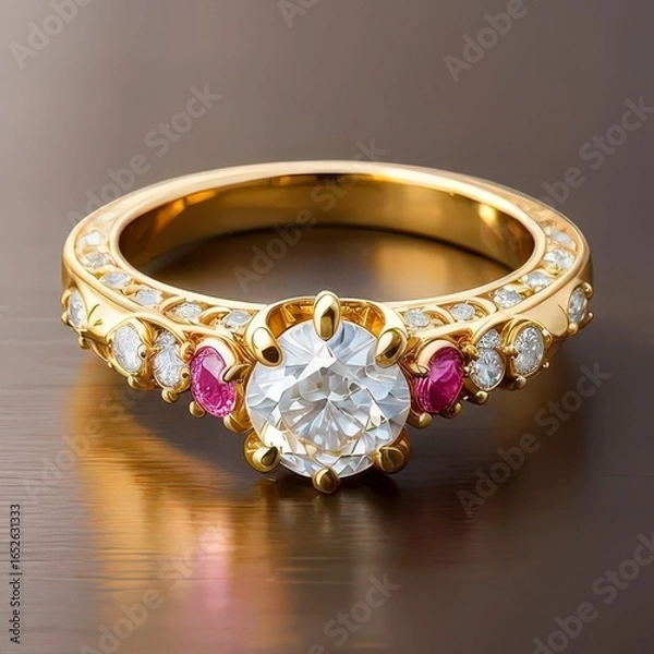 Fototapeta This is a high-resolution photograph of an elegant gold engagement ring with a large, round-cut diamond centerpiece. 