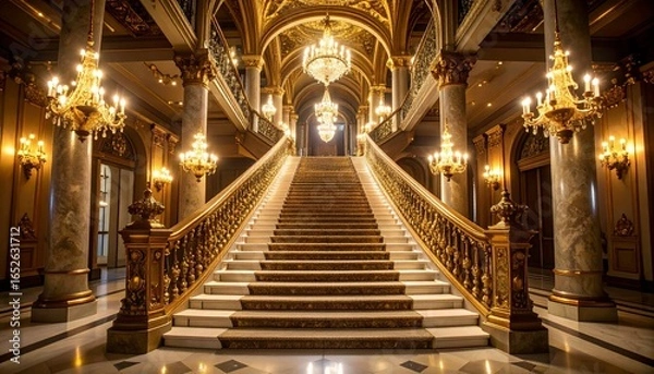 Obraz 豪華なお城の階段　シャンデリア　シンメトリー
