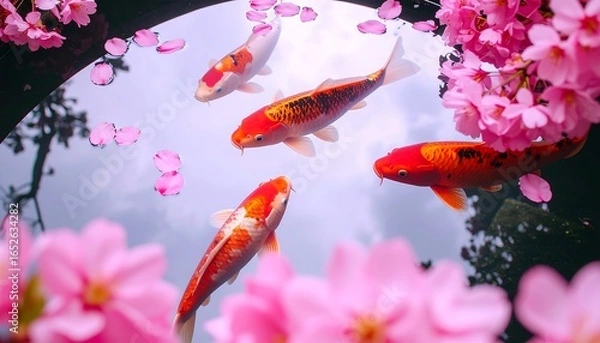 Obraz Koi fish in a pond surrounded by cherry blossoms