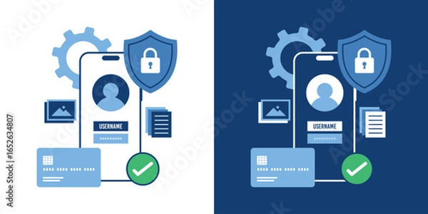 Fototapeta Secure online payment illustration with mobile screen, credit card icons in eps