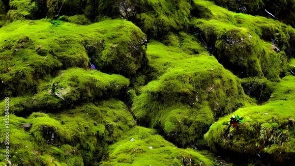 Fototapeta Green moss covers a wet rock in a flowing forest stream