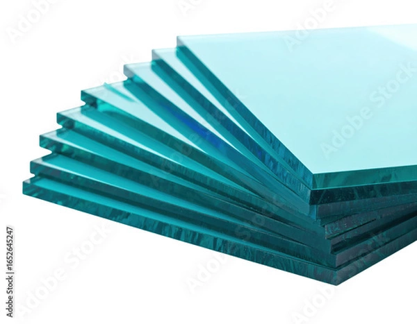 Fototapeta A fanned stack of thick transparent rectangular glass panes with a distinct greenishblue tint.
