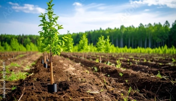 Obraz Young tree saplings planted in neat rows in a field for reforestation, symbolizing new growth and environmental conservation
