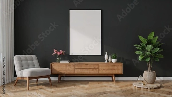 Fototapeta Interior of a modern lounge area with a vacant vertical picture frame against a black backdrop, including space for a poster, a console table, and a chair
