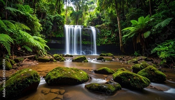 Obraz Majestic waterfall cascading over mossy rocks in a vibrant, untouched rainforest, creating a serene and captivating natural landscape