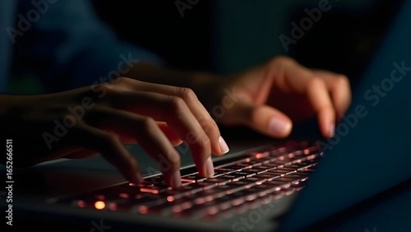 Fototapeta typing on keyboard, Closeup of human hands with diverse skin tones typing with speed, typing on a laptop keyboard