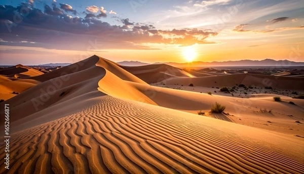 Obraz Breathtaking golden hour sunset over majestic sand dunes, showcasing the warm glow and intricate patterns of the desert landscape under a vibrant sky