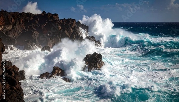 Obraz Ocean waves crashing against the rocky coast on a sunny day