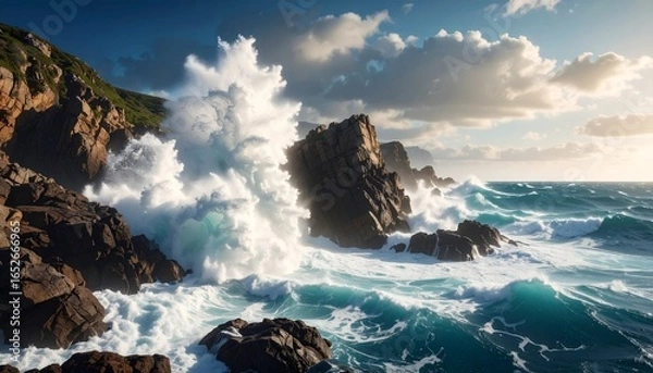 Obraz Powerful ocean waves crashing against rugged rocky cliffs under a bright, sunny sky