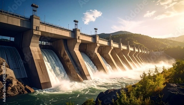 Obraz Massive hydroelectric dam releasing water, generating clean energy for a sustainable future