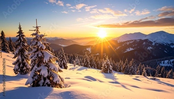Obraz Golden sunrise illuminates snow-covered trees and mountains in a winter landscape