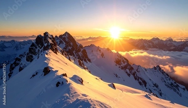 Obraz Golden Sunrise Over Snow-Capped Mountain Peaks With Wispy Clouds