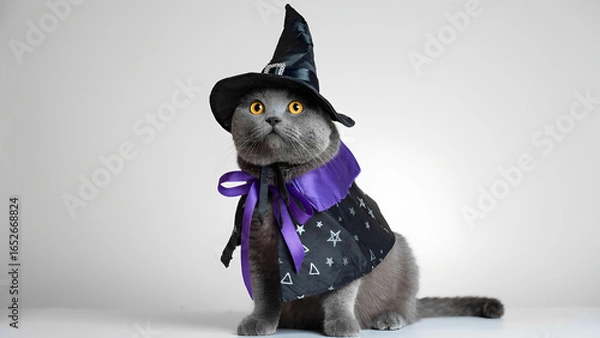 Fototapeta a gra gray cat in a witch costume isolated on a white background