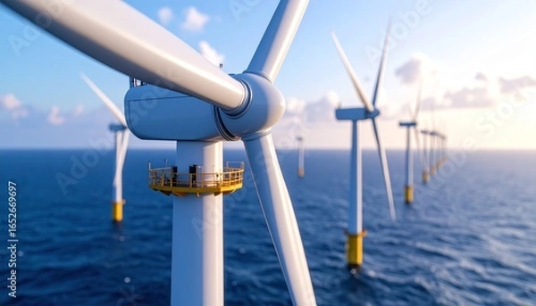 Obraz Offshore wind turbines generate clean energy in a serene ocean sunset creating a sustainable future
