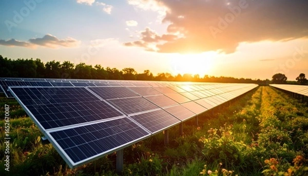 Obraz Solar Panels Field at Sunset Renewable Energy Concept