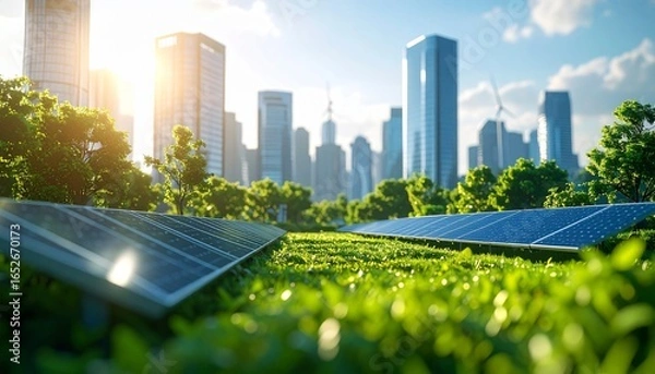 Obraz Solar panels in a lush city park with a futuristic skyline, symbolizing green energy and sustainable urban development