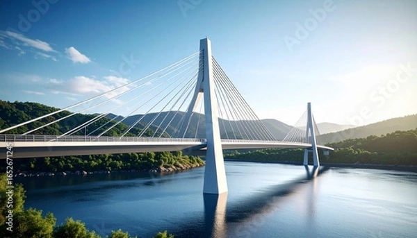 Obraz Sleek cable-stayed bridge spanning a calm waterway against a scenic backdrop on a clear day