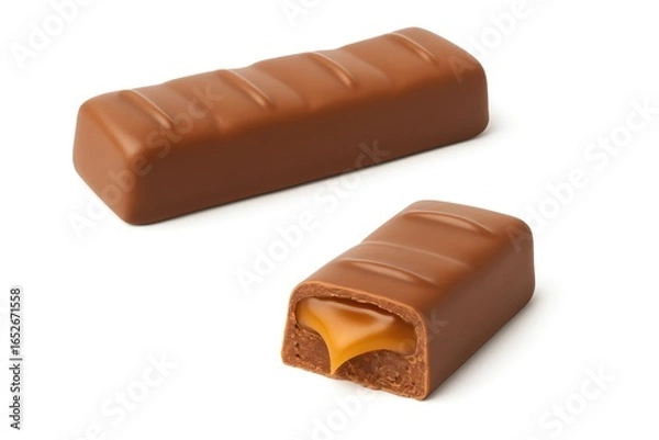 Fototapeta Set of two caramel chocolate bars with different perspectives on a white background