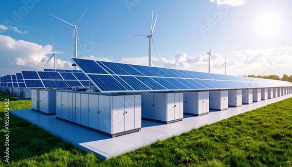 Obraz Solar Panel Array and Wind Turbines in a Green Field Landscape