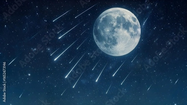 Obraz Sturgeon moon with Perseids meteor shower in starry night sky