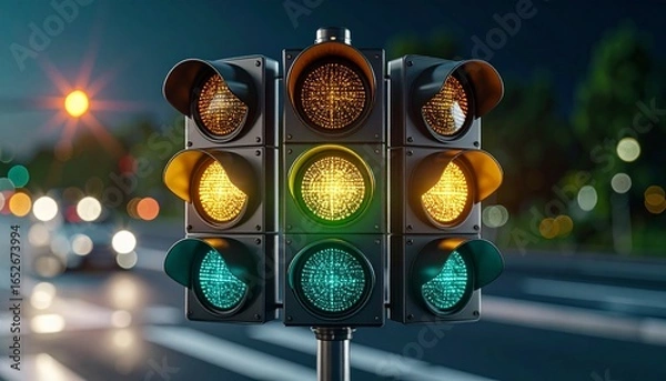 Obraz Vibrant green traffic signal illuminating a busy urban intersection at dusk, symbolizing safe passage and efficient city flow with blurred vehicle lights in the background