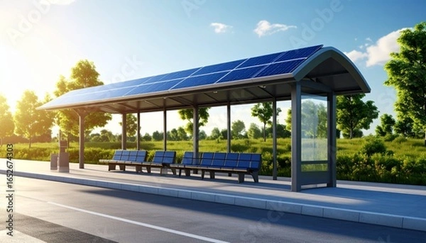 Obraz Solar-Powered Bus Stop Sustainable Transportation for a Greener Future, Energy Efficiency at its Best