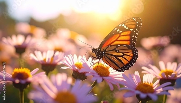 Obraz Monarch Butterfly in Sunlight A Beautiful Summer Scene on a Field of Pink Flowers