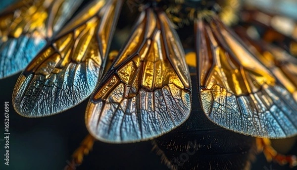 Obraz The ethereal glow of a bee's wings, a mesmerizing macro shot revealing intricate golden veins and iridescent blue hues