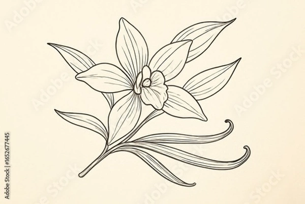 Fototapeta An elegant outline of a vanilla orchid emphasizing smooth lines that portray the intricate beauty of its petals and foliage