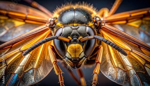 Obraz Conceptual close-up of a fearsome wasp's head showing detailed eyes, antennae, and amber wings
