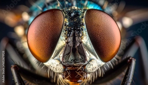 Obraz Stunning high-magnification portrait of a fly's head, revealing the intricate patterns and textures of its large compound eyes