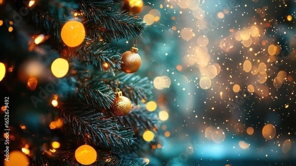 Fototapeta Festive Christmas tree with golden decorations