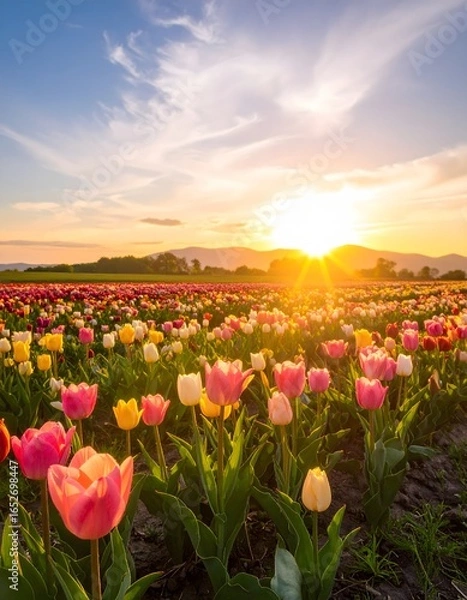 Fototapeta Sunset illuminates a vibrant field of blooming colorful tulips, creating a beautiful landscape.