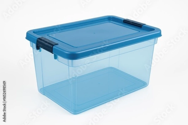 Fototapeta Photographs showcasing a blue plastic storage bin on a plain white surface