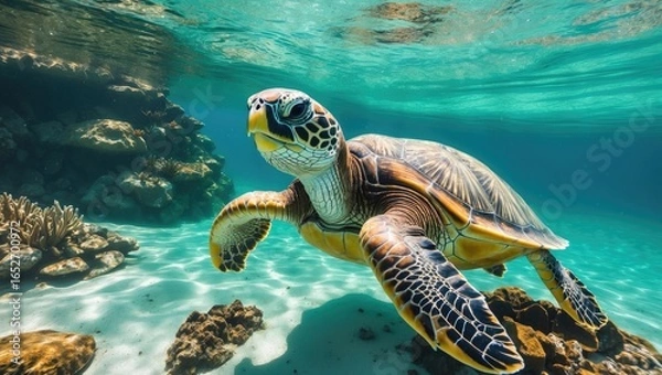 Fototapeta Young turtle exploring vibrant coral reefs in a clear tropical sea