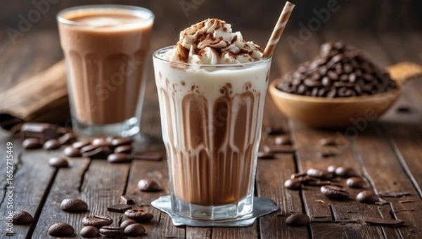 Fototapeta Chocolate-flavored soft drink presented on a wooden floor with garnishes