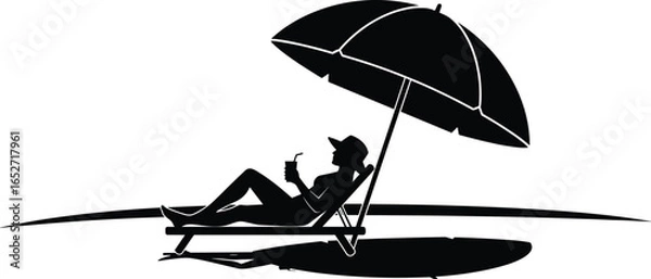Fototapeta Beach relaxation silhouette, person on lounge chair, umbrella shade, summer vacation scene, drink in hand, minimal vector art, clean design, white background