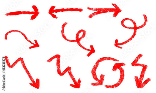 Obraz Hand-drawn red arrows PNG. Curved, straight, spiral and sketch marker arrows isolated on transparent background. Decorative arrow set for infographic, presentation, and digital design.