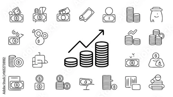 Fototapeta Outline illustrations depicting financial growth, money management, and diverse currency related concepts