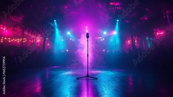 Fototapeta Illuminated stage with a vintage microphone against a backdrop of vibrant lights