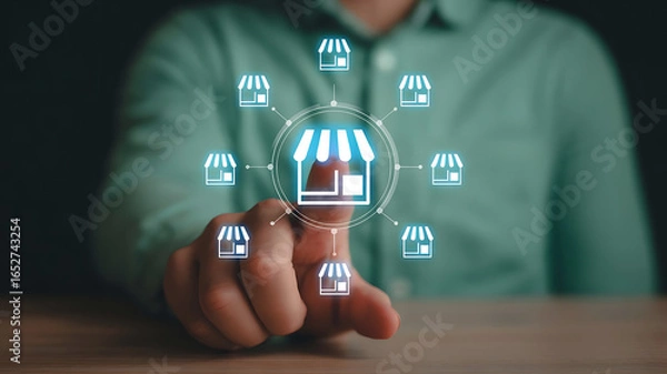 Fototapeta Person touching a glowing digital network of franchise store icons representing business expansion and growth opportunities