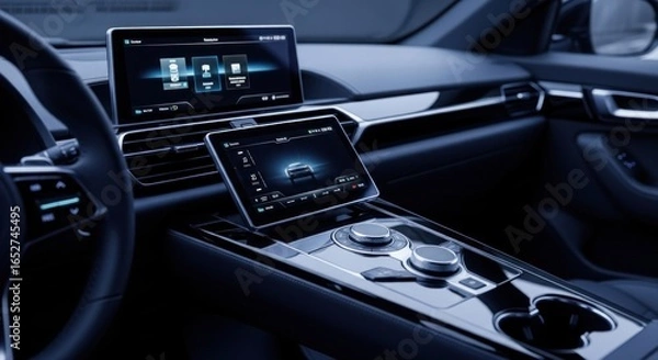 Fototapeta Interior of a futuristic electric vehicle.  Dashboard with dual touchscreens,  control panel, and  dark interior