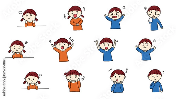 Obraz かわいい手描きの感情豊かな子供のイラストセット