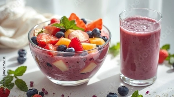 Fototapeta Bright Korean hwachae dessert with assorted fruits in a glass bowl, served with blueberry milk on rustic table, natural daylight shining through translucent slices, fresh summer refreshment aesthetic