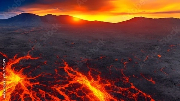 Fototapeta Fiery red sunset blazes over the mountains, casting an orange glow on the clouds