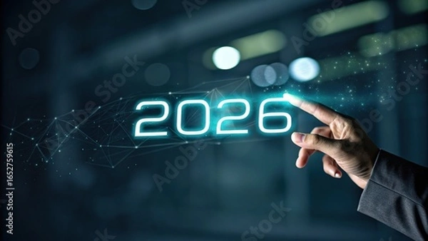 Fototapeta Human finger touches glowing neon digital display showing the year 2026