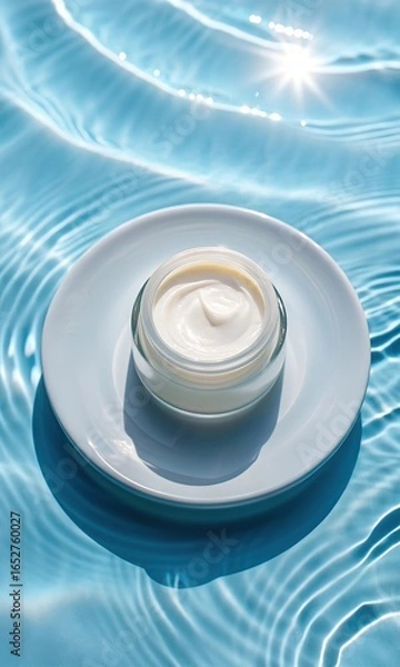 Obraz Luxurious skincare cream in glass jar on white plate floating on rippling blue water surface